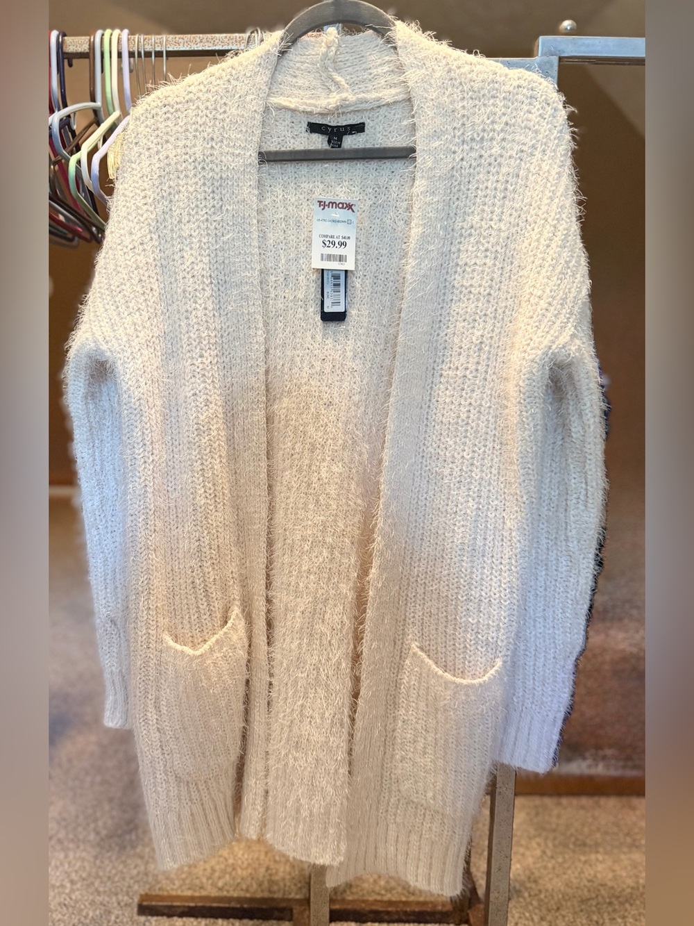 Cyrus Open-Front Cream Fuzzy Knit Long Cardigan